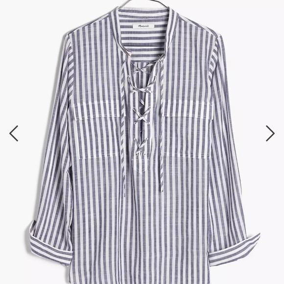 MADEWELL Striped Terrace Lace-Up Long Sleeve Top Blue White Size Small F26 - Picture 8 of 11